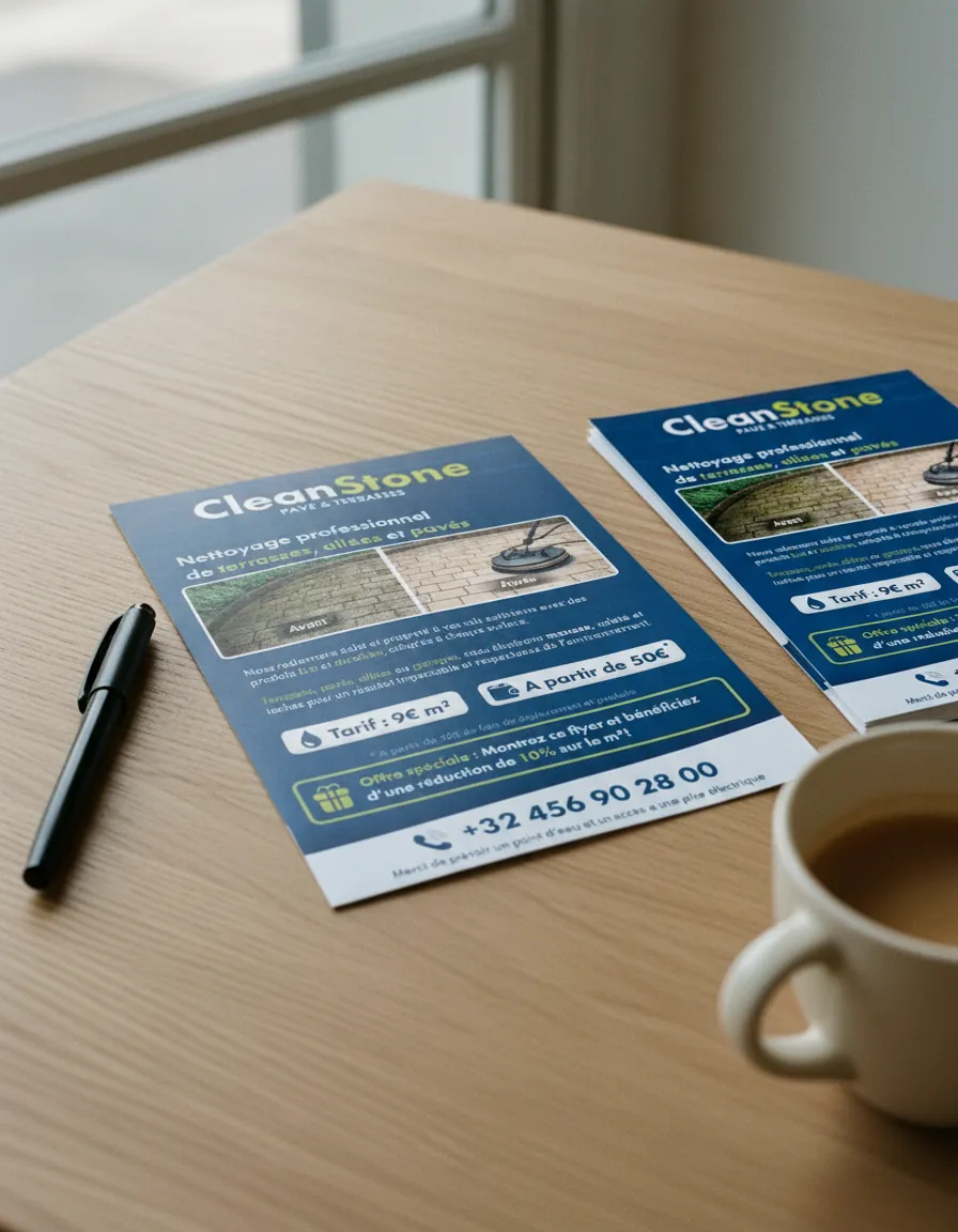 Flyer CleanStone imprimé sur une table en bois