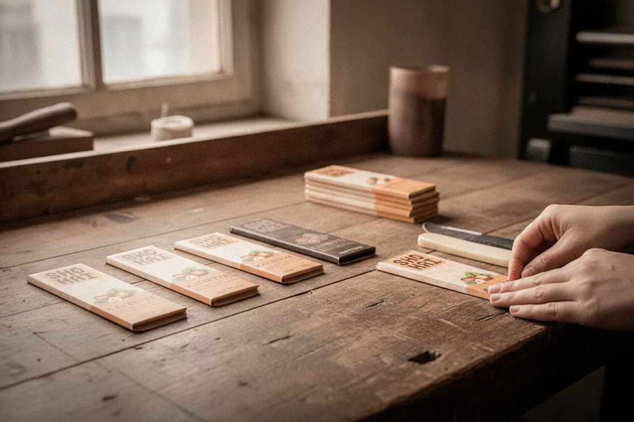 Mains pliant les étuis Shokai imprimés à l'atelier