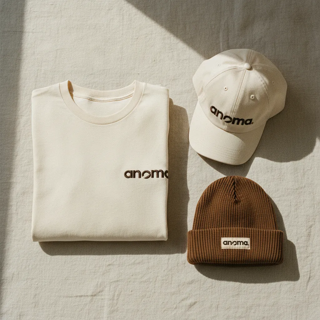 Casquette, t-shirt et bonnet brodés anoma